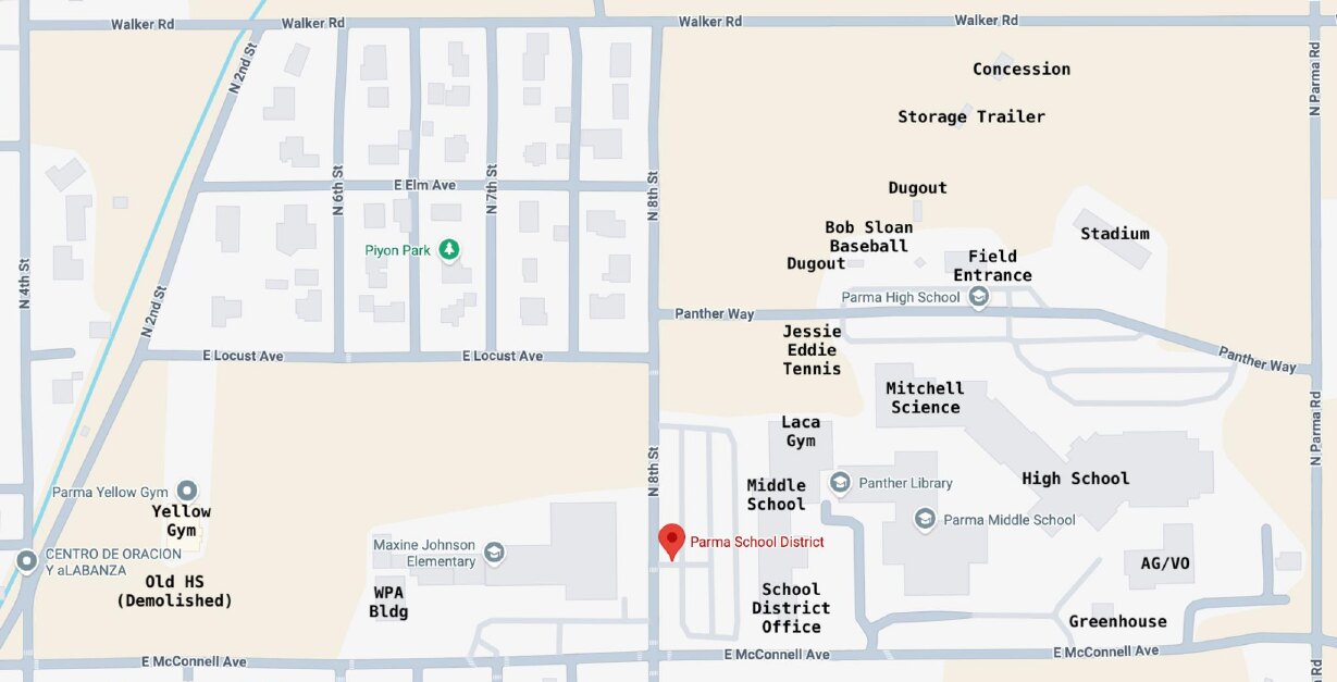 Map key of the Parma School District campus showing the Yellow Gym west of North 8th Street